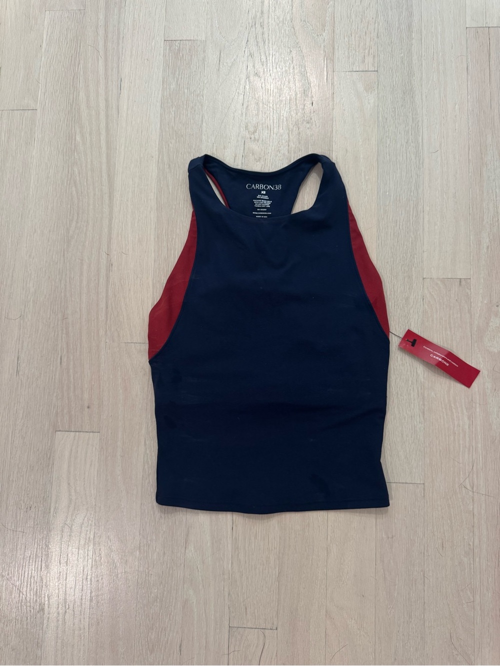 Carbon38 Navy Racerback Crop Tank with Red Trim
